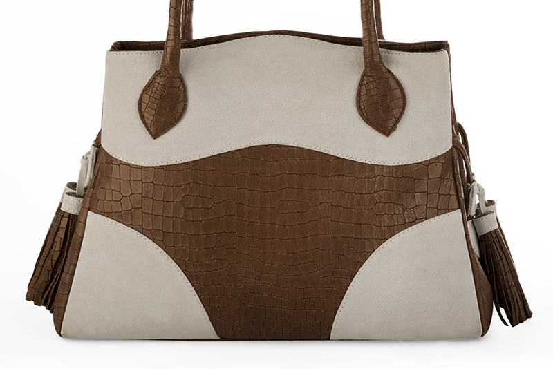 Caramel brown and off white women's large dress handbag, matching pumps and belts - Florence KOOIJMAN
